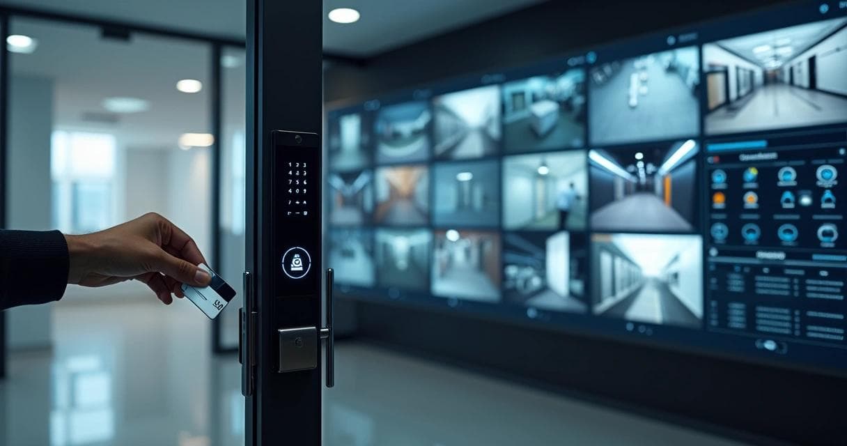 Access card presented at a controlled door with a surveillance wall behind