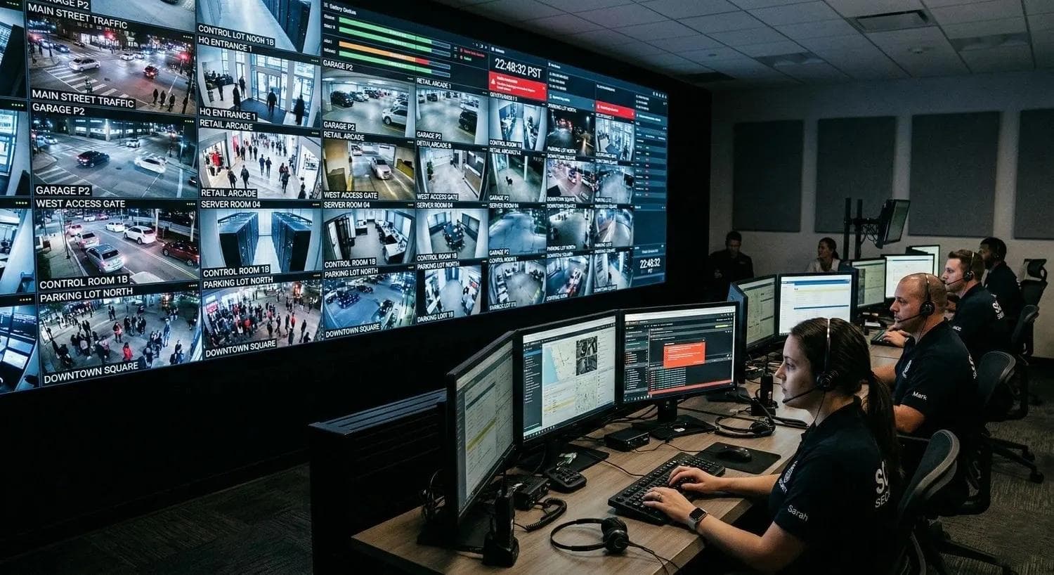 Operators at workstations in front of a command center video wall
