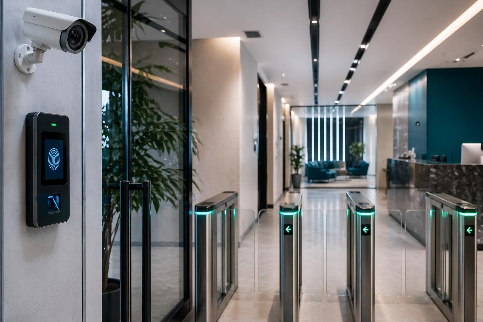 Secure office entrance with a surveillance camera, access terminal and speed gates