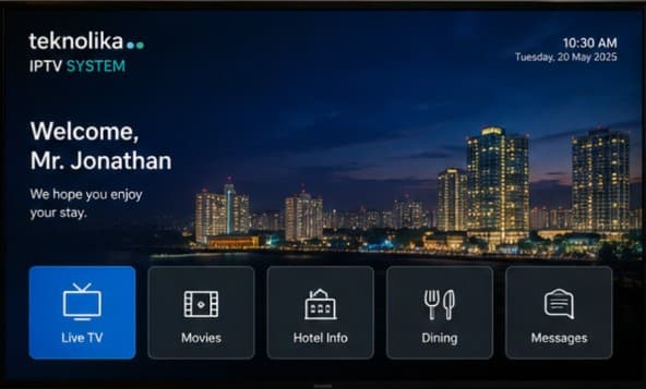 IPTV welcome screen displayed on a guest room television