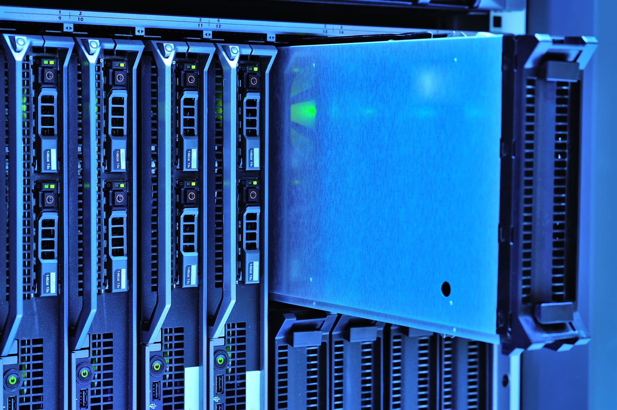 Blade servers mounted in an enterprise data centre rack