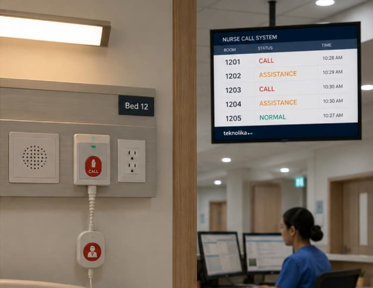 Bedside nurse call unit and nurse station display in a hospital ward