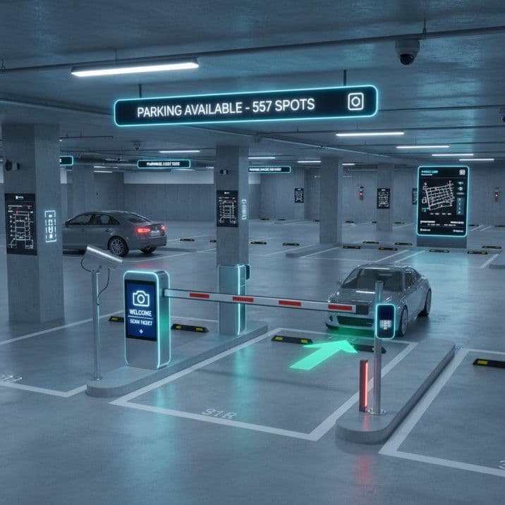 Underground car park with lit guidance signage and bay indicators