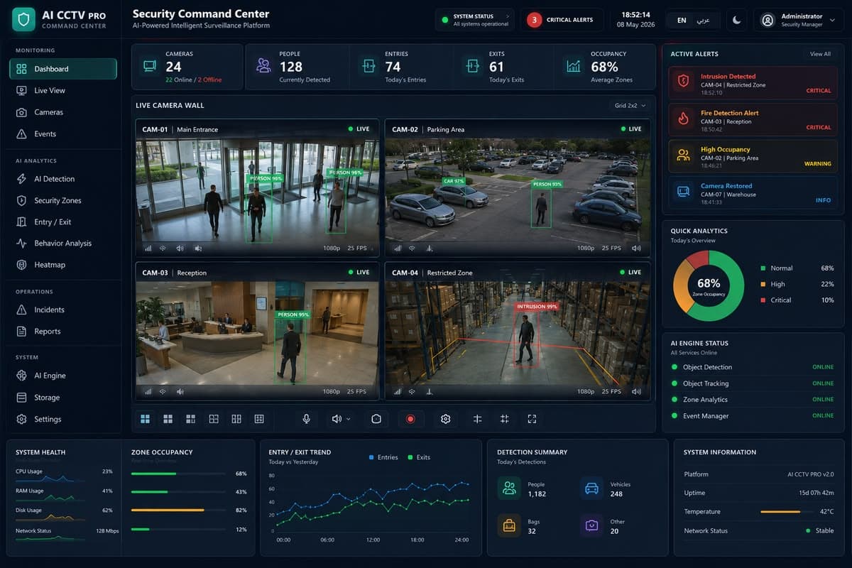 Centralized video monitoring interface showing a live camera wall