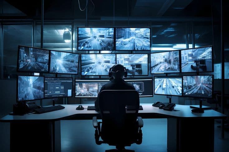 Operator monitoring a wall of camera feeds in a security control room