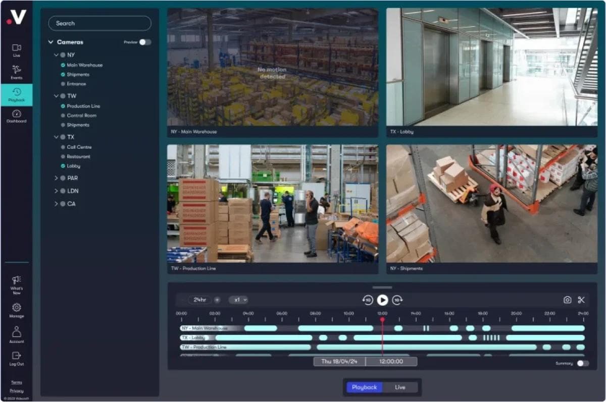 Video playback interface with a multi-camera grid and a 24-hour recording timeline